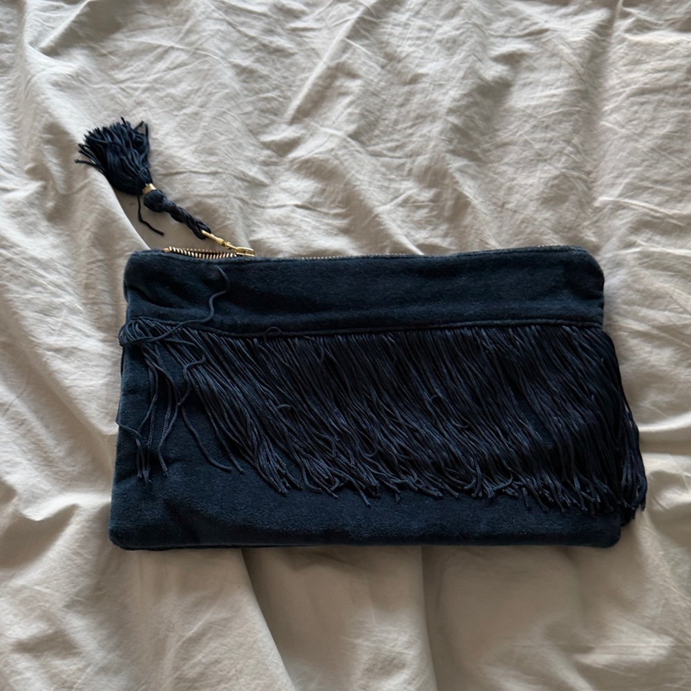 Fringe Suede Clutch in Navy Suede